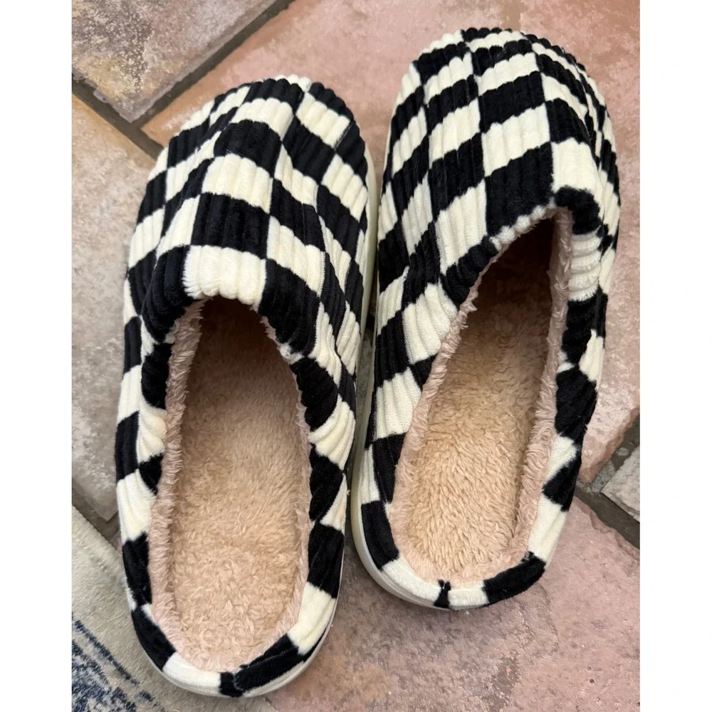 Checkerboard Corduroy Slippers Black White Faux Fur Lined Mules Size 42-43 280cm